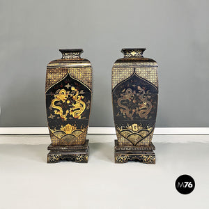 Oriental black wood vases or sculptures with decorations, 1950s