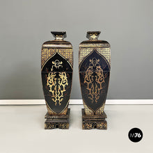 Load image into Gallery viewer, Oriental black wood vases or sculptures with decorations, 1950s
