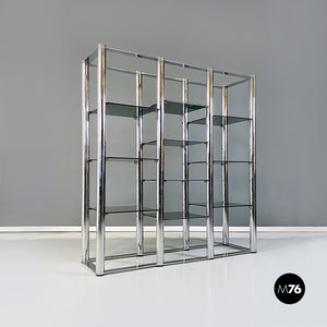 Chromed steel and smoked glass self supporting bookcase, 1970s