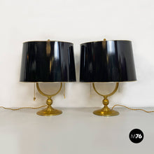 Load image into Gallery viewer, Brass and glossy black lampshade table lamps, 1940s
