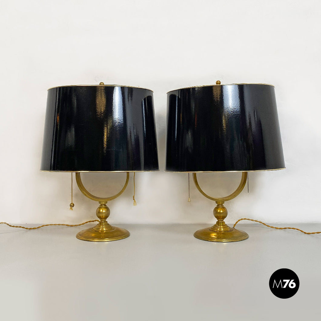 Brass and glossy black lampshade table lamps, 1940s