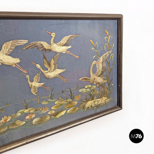 Antique canvas with storks embroidery and oriental landscape, 1800s