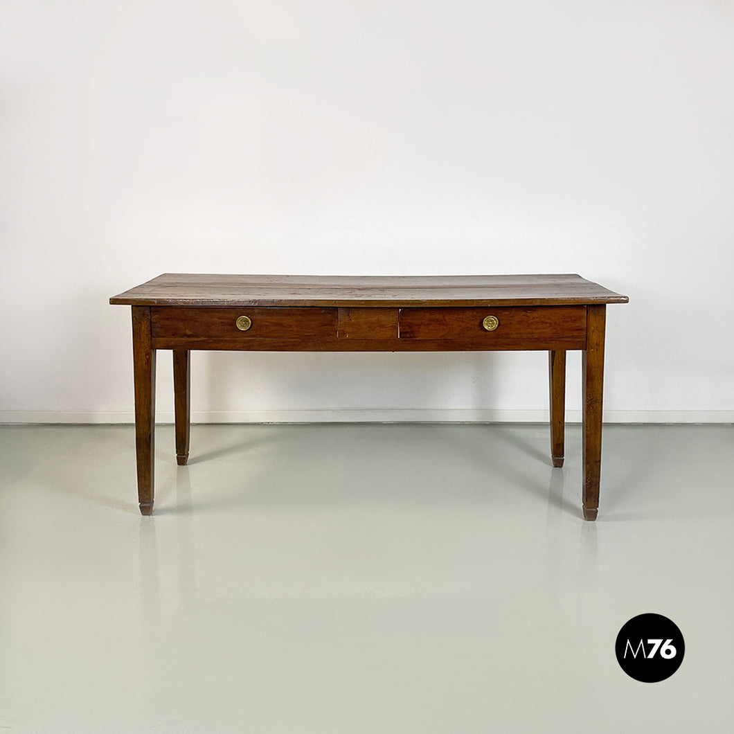 Antique solid wood and brass details dining table or desk, 1900s