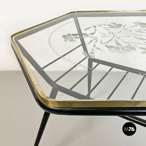 Decorated glass and metal coffee table with magazine rack, 1950s