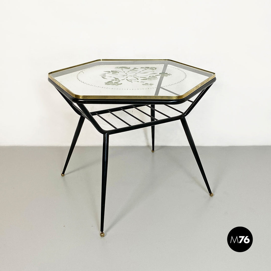Decorated glass and metal coffee table with magazine rack, 1950s