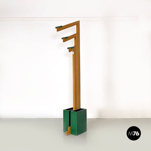 Natural and green wood coat stand with umbrella container, 1980s