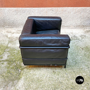 Black metal and leather Lc3 armchairs by Le Corbusier, Jeannaret and Perriand for Cassina, 1990s