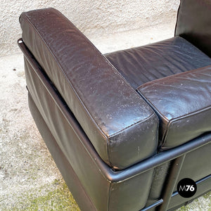 Black metal and leather Lc3 armchairs by Le Corbusier, Jeannaret and Perriand for Cassina, 1990s