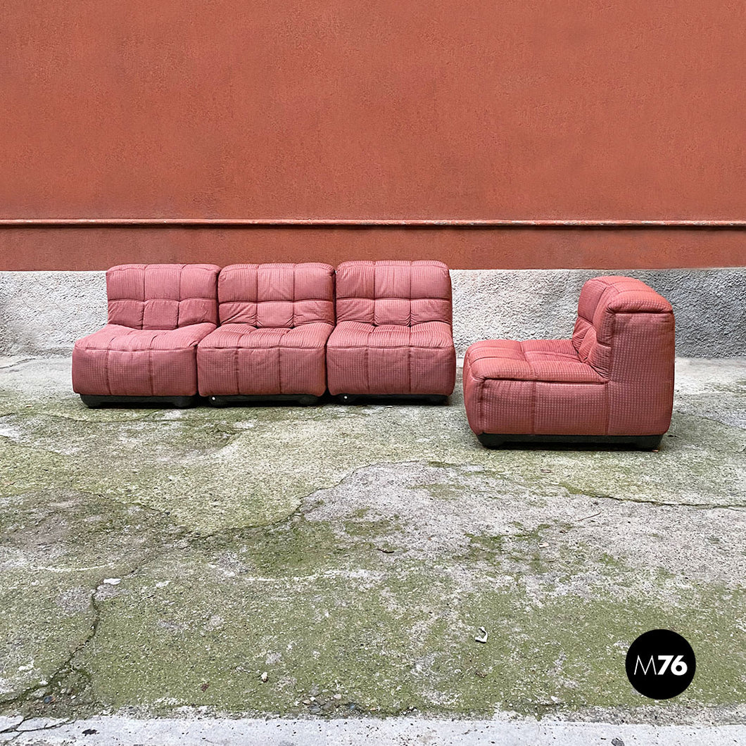 Pink fabric and black abs four pieces modular sofa, 1980s