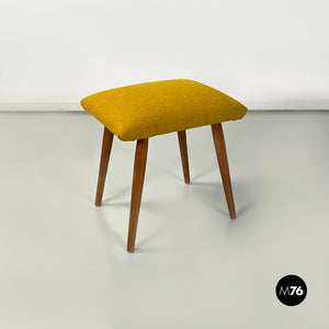 Yellow fabric and solid beech pouf or footrest, 1960s
