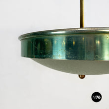 将图片加载到图库查看器，Green metal, glass and brass chandelier, 1950s
