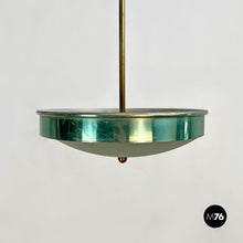 将图片加载到图库查看器，Green metal, glass and brass chandelier, 1950s
