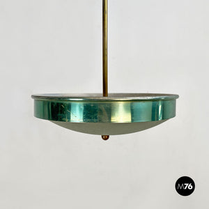 Green metal, glass and brass chandelier, 1950s