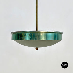 Green metal, glass and brass chandelier, 1950s
