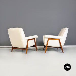 White cotton and solid beech pair of armchairs, 1960s