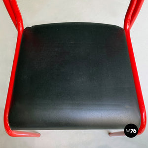 Stackable red metal and black faux leather chairs, 1980s