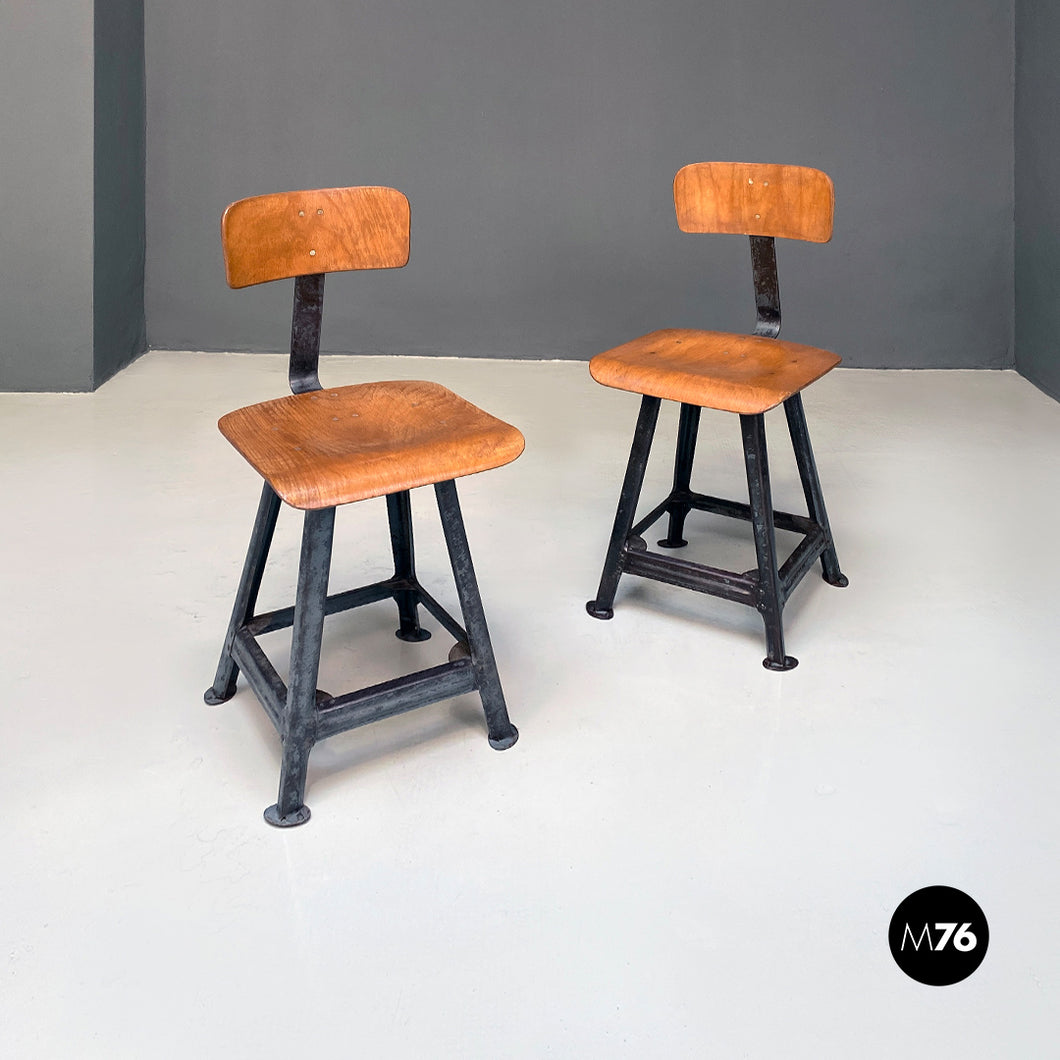 Iron and wood industrial stools, 1960s