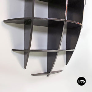 Black wood convex shape wall bookcase, Joe Colombo style, 1980s