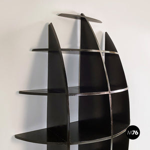 Black wood convex shape wall bookcase, Joe Colombo style, 1980s