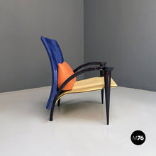 Carica l&#39;immagine nel visualizzatore di Gallery, Black solid wood and leather multicolor armchair with curved armrests, 1980s
