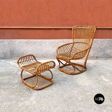 Load image into Gallery viewer, Rattan B4 armchair and pouf by Tito Agnoli for Bonacina, 1950s

