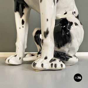 Black and white ceramic sculpture of Harlequin Great Dane dog, 1980s