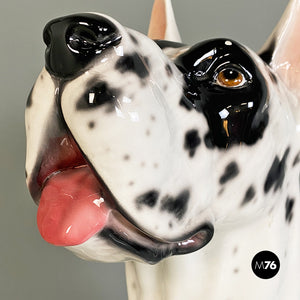 Black and white ceramic sculpture of Harlequin Great Dane dog, 1980s