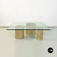 Load image into Gallery viewer, Travertine and aquamarine green glass coffee table, 1980s

