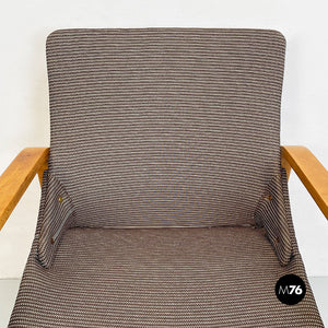 Solid wood and grey fabric armchairs, 1960s