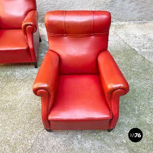 Red leather armchairs with armrests and wooden legs, 1940s