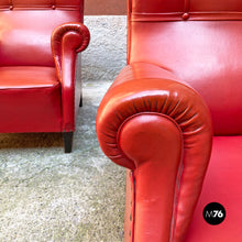 将图片加载到图库查看器，Red leather armchairs with armrests and wooden legs, 1940s
