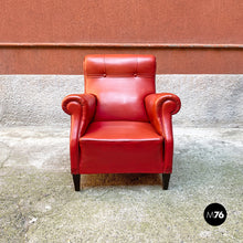 将图片加载到图库查看器，Red leather armchairs with armrests and wooden legs, 1940s
