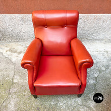 将图片加载到图库查看器，Red leather armchairs with armrests and wooden legs, 1940s
