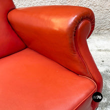 将图片加载到图库查看器，Red leather armchairs with armrests and wooden legs, 1940s
