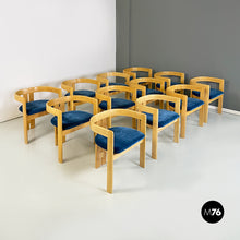 Charger l&#39;image dans la galerie, Solid wood and dark blue original velvet tub chairs, 1980s
