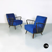 Carica l&#39;immagine nel visualizzatore di Gallery, Dark blue velvet and black wood armchairs, 1960s

