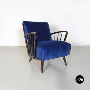 Dark blue velvet and black wood armchairs, 1960s