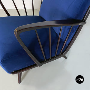 Dark blue velvet and black wood armchairs, 1960s