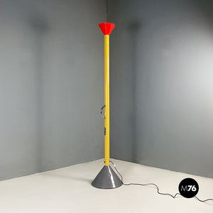 Grey, red and yellow steel Callimaco floor lamp by Ettore Sottsass for Artemide, 1982