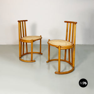 Solid wood and Vienna straw pair of high backed chairs, 1980s