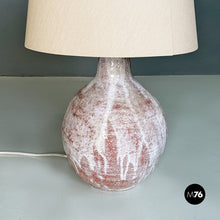 Load image into Gallery viewer, Pink and white ceramic base lamp with beige fabric lampshade, 1970s
