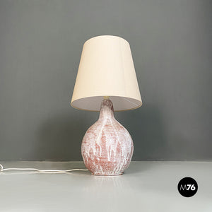 Pink and white ceramic base lamp with beige fabric lampshade, 1970s