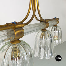 Load image into Gallery viewer, Glass and patina brass four lights chandeliers, 1930s
