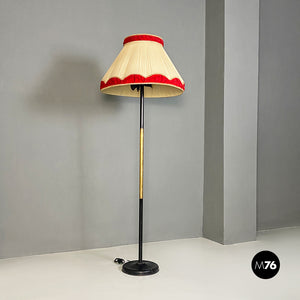 Metal, brass and beige and red fabric floor lamp, 1940s