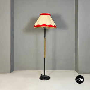 Metal, brass and beige and red fabric floor lamp, 1940s